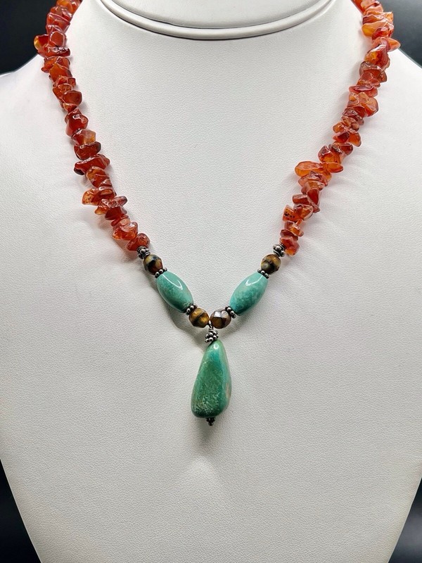 Vintage 925 Sterling Silver Carnelian / Turquoise Beaded Necklace 16.5”-18” Adj