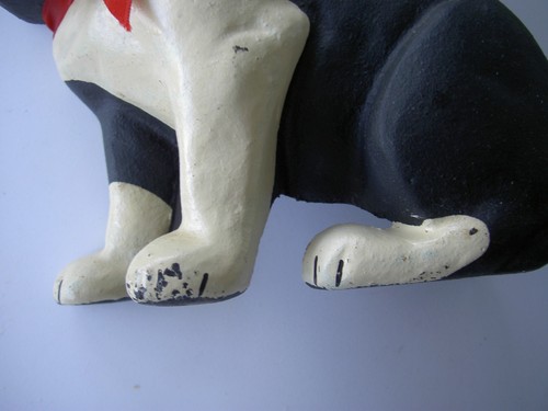 BOSTON TERRIER CAST IRON DOOR STOP VINTAGE BLACK WHITE RED RIBBON READ - Picture 4 of 4
