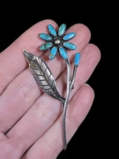 VINTAGE NAVAJO TURQUOISE FLOWER STERLING SILVER BROOCH PIN