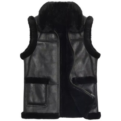 Men s Black Real Leather Vest with Fur Collar | Warm Lined Winter Jacket