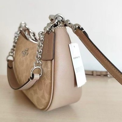 Coach Teri CV933 Shoulder Bag In Signature Canvas Silver /Sand/Taupe Free Shippi