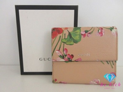 GUCCI Blooms Fold Wallet Flower Flora Pink Leather 410104 With Box Used
