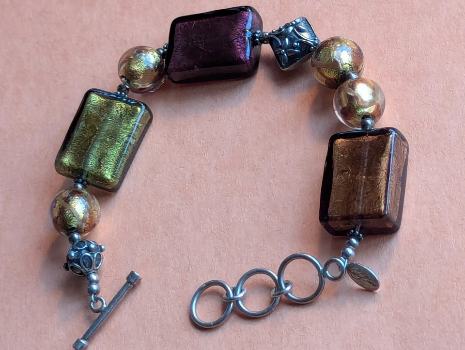 Signed Lucky Clover Sterling Silver & Glass Beads Toggle Bracelet - Image 2 of 4