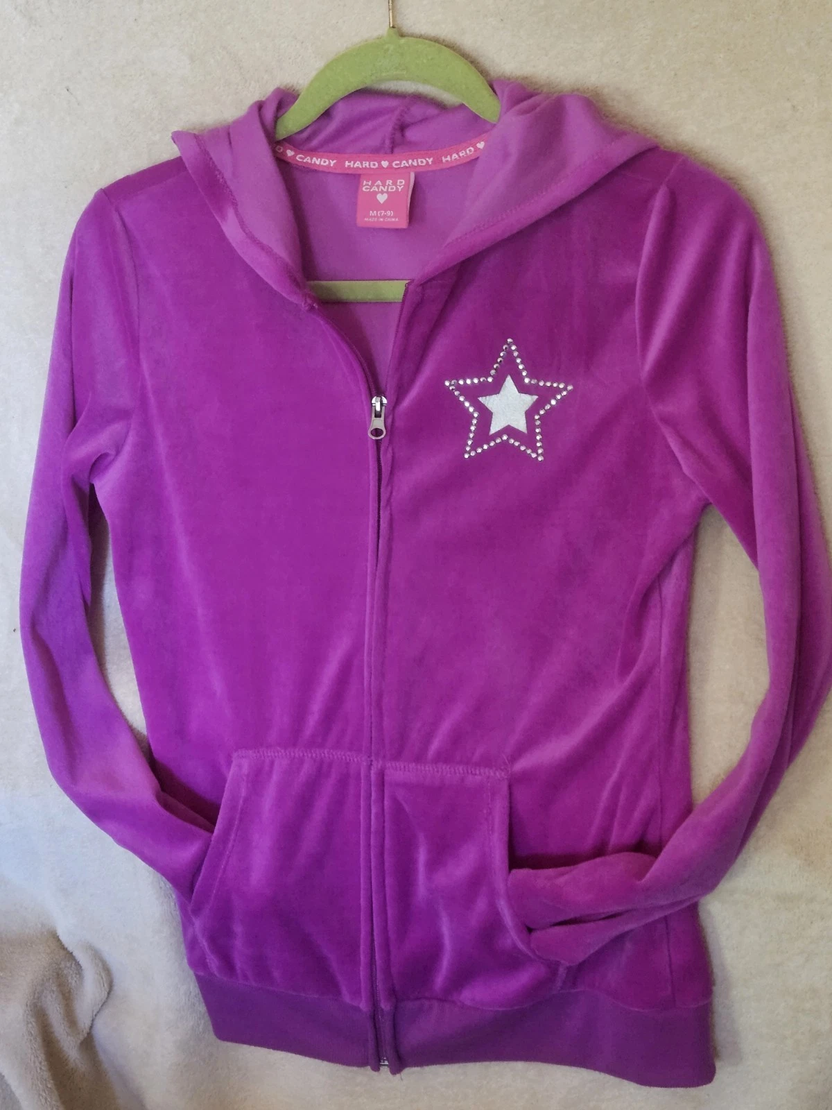Hard Candy Star Hoodie Jacket Full Zip Young Women M (7-9) Purple Velour*Pocket*