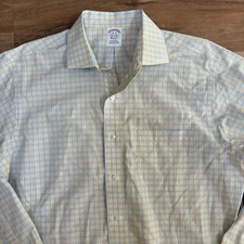 Brooks Brothers Shirt Mens 16 - 35 Blue Yellow Plaid Button Up Non Iron Classic