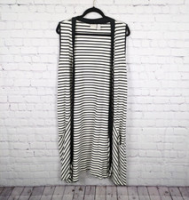 Chico's Duster Vest Cardigan Womens Size 2 Black Stripe Rayon Open Front Pockets