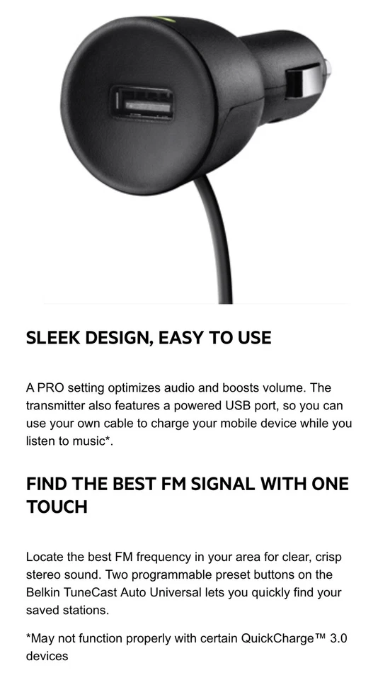 BELKIN TUNECAST AUTO UNIVERSAL HANDS FREE AUX  In Car Auto Audio Usb Charger - Image 2 of 4