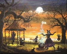 Folk Art HALLOWEEN "The Gathering" PRINT Five Witches Dancing Byrum Art
