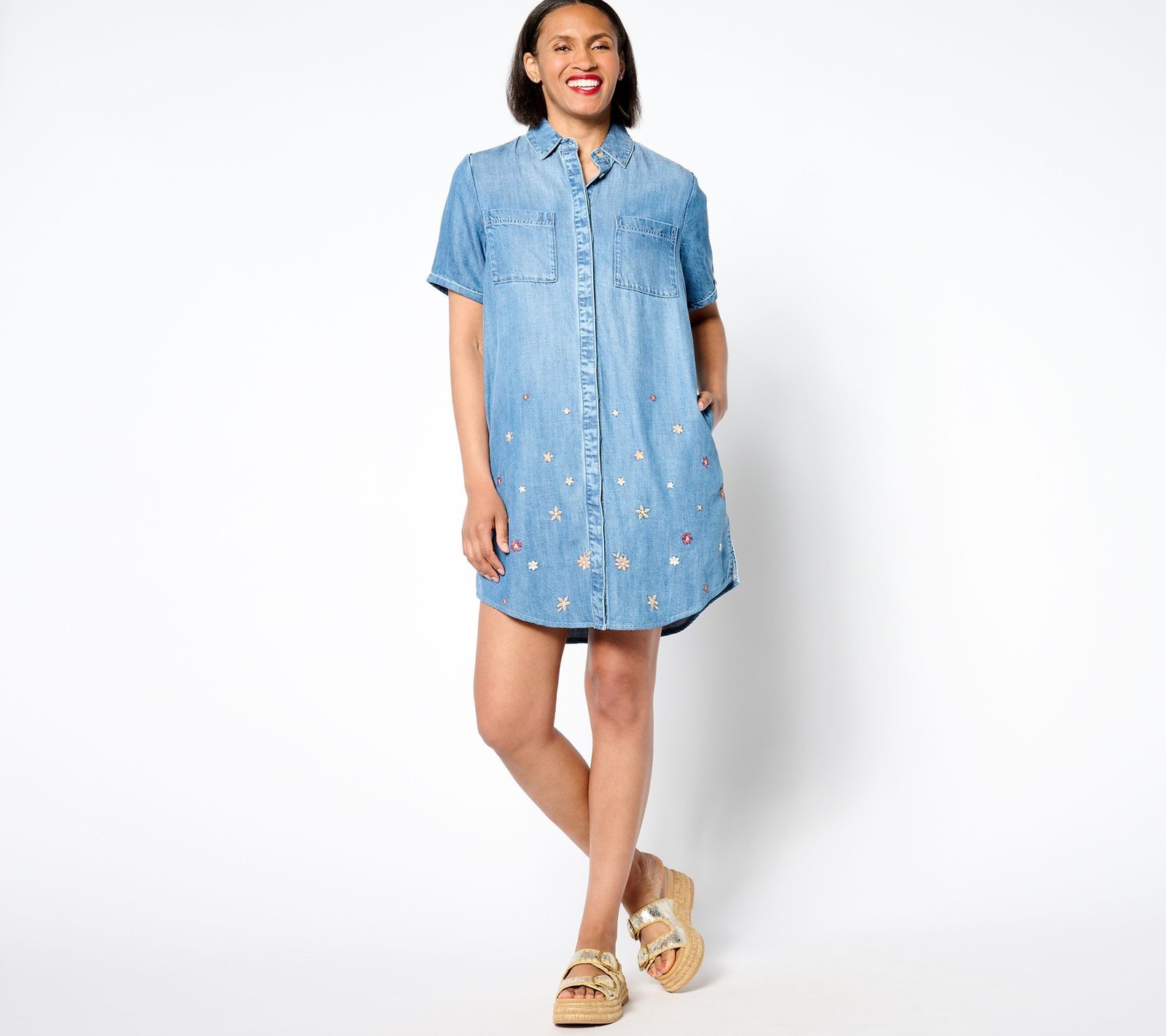 Driftwood Women's Dress Sz L Drifod Jeans Embroidered Short Sleeve Blue A650350