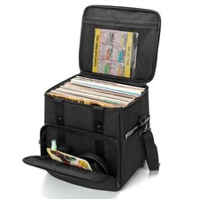 Vinyl Record Carrying Bag with Dividers, Black Nylon, Padded Storage Case for 60