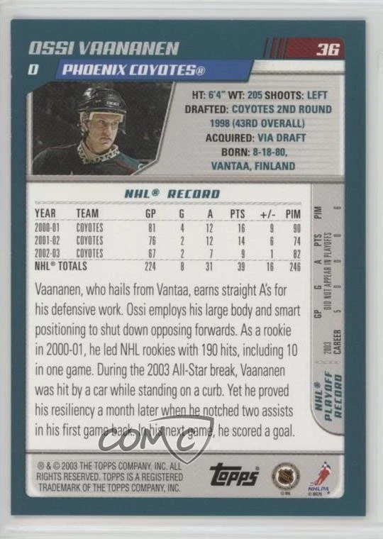 2003-04 Topps Ossi Vaananen #36 - Image 2 of 2
