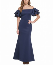 Eliza J Womens 2 Navy Blue Ruffled-Sleeve Off-The-Shoulder Mermaid Gown
