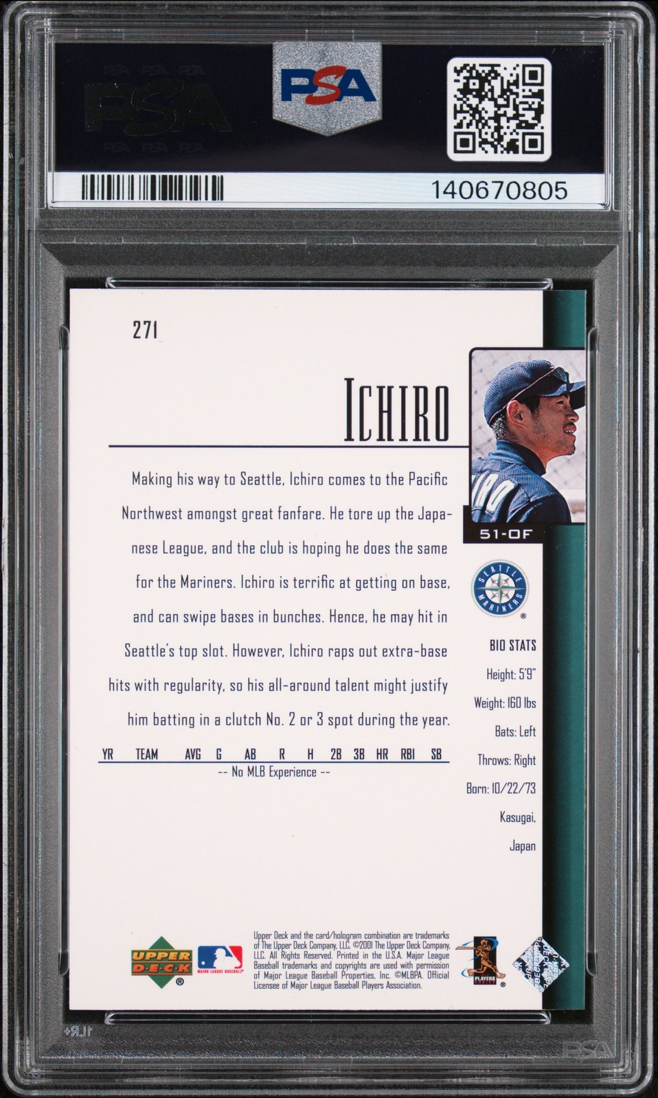 2001 UD #271 ICHIRO ROOKIE RC PSA 10 view 2