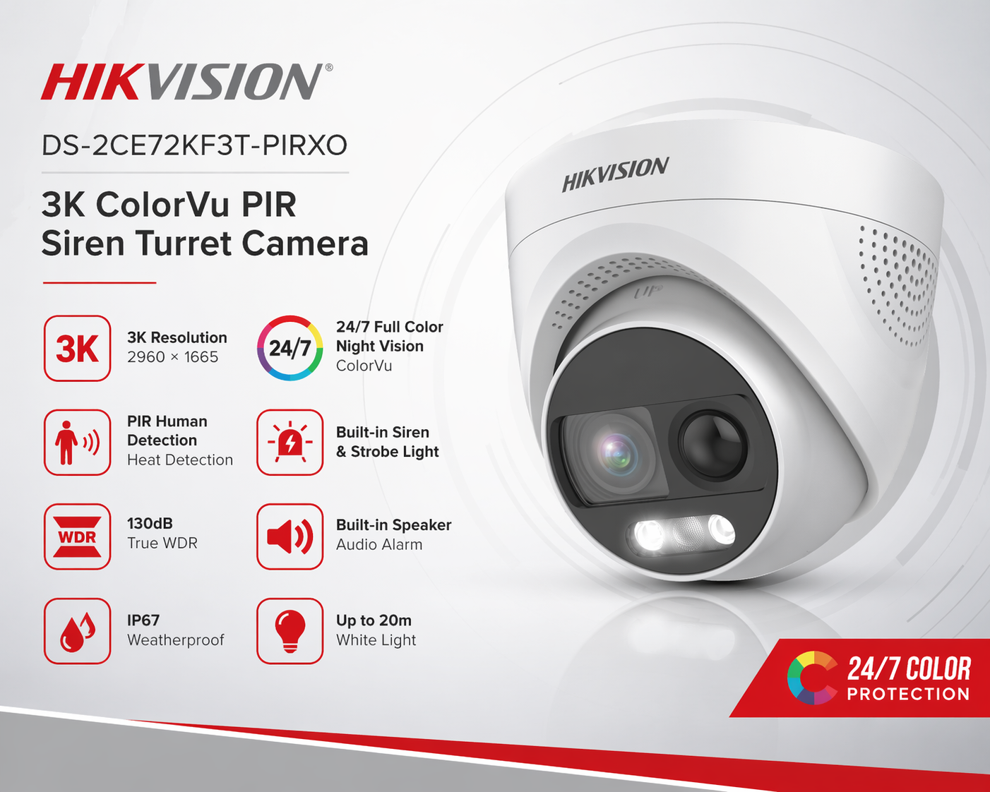 Hikvision DS-2CE72KF3T-PIRXO 3K ColorVu PIR Siren Turret CCTV Camera Audio