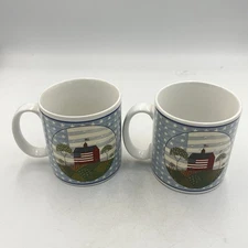 2 Vintage 1999 Warren Kimble America the Beautiful Mugs Sakura Saltbox Flag Star