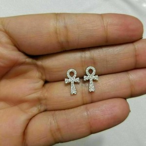 Authentic 1.00 Ct Round Cut VVS1 Diamond Cross Ankh Stud Earrings 14k White Gold Plated