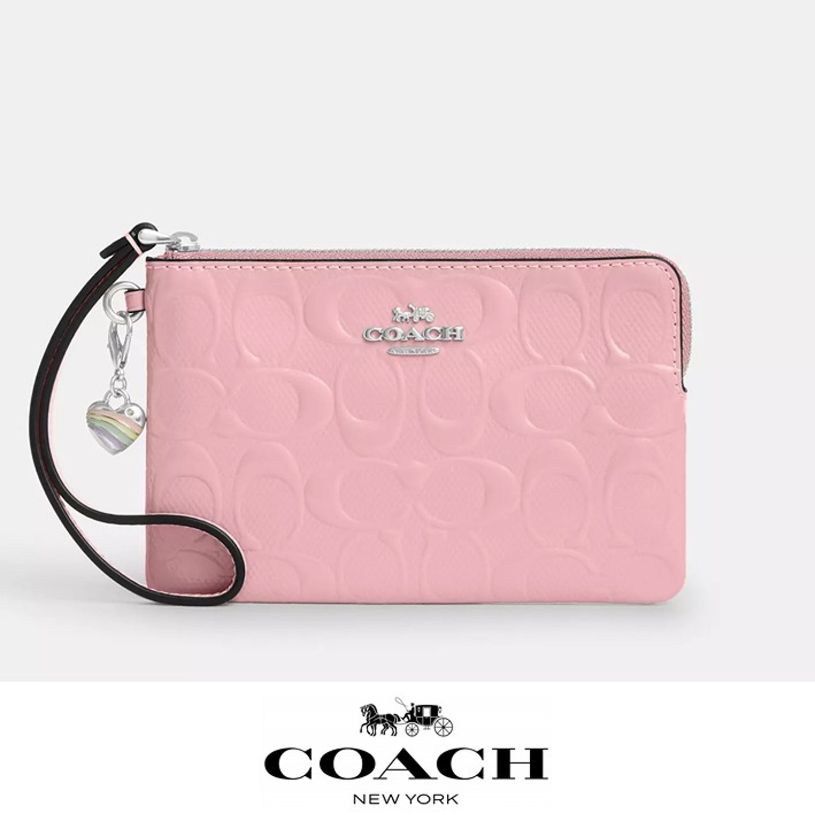 NWT ❤️ Coach Corner Zip Wristlet In Signature Leather With Heart Charm