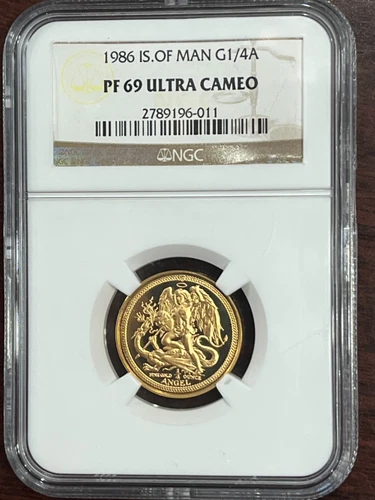 1986 Isle of Man 1/4 oz Gold Proof Angel (10th Anniv) PF-69 NGC