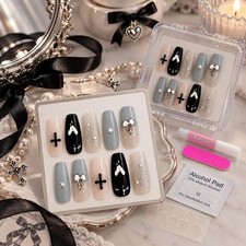 Press-On Nails Medium Coffin Full Cover Pre-Designed Glue Included Glitter Cross