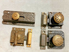 4 Antique Cast Iron Brass Knob Victorian Cabinet Door Cupboard Slide Latches