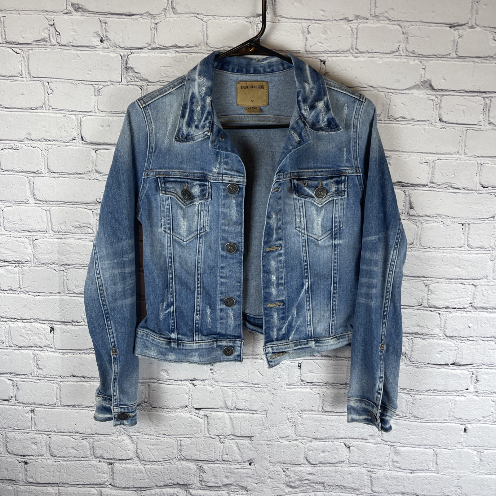 True Religion World Tour Denim Jean Jacket Women’s XS Distressed Trucker
