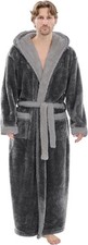 Mens Plush Robes Full Length Big and Tall Fleece Hooded Bathrobe Warm Housecoat
