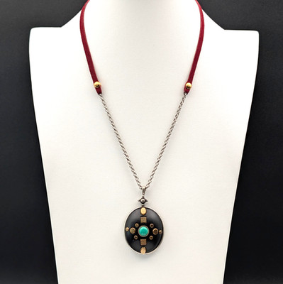 Lucky Brand Pendant Necklace Faux Turquoise Black Boho Festival Southwestern Y2K