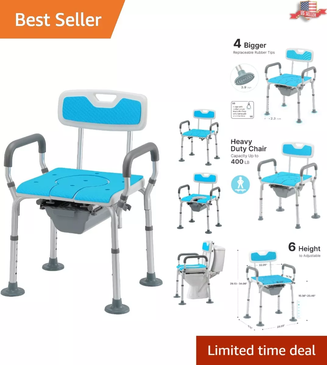 Heavy Duty Bedside Commode with Back 400lbs Max Weight Adjustable Tips