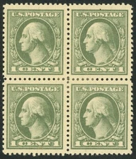 US Scott#536 OG 1919 1c Washington perf 12.5 gray green block of 4, no faults