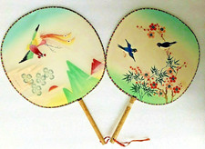 2 Vintage Hand Painted Silk Chinese Fans with Bird Designs Wood Handles
