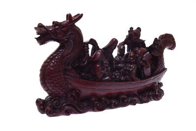 Chinese Dragon Figurine 7 Gods Of Good Luck & Fortune Stone Dragon Boat 8'' Boxed
