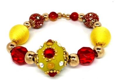 LILAH ANN red GOLD yellow HAND MADE BEADED stretch BRACELET rhinestone