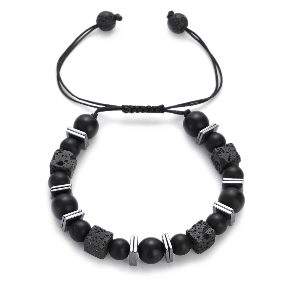 Men's Square Lava Stone Bracelet Natural Round Pendant Handmade Couple Bracelets - Image 2 of 4