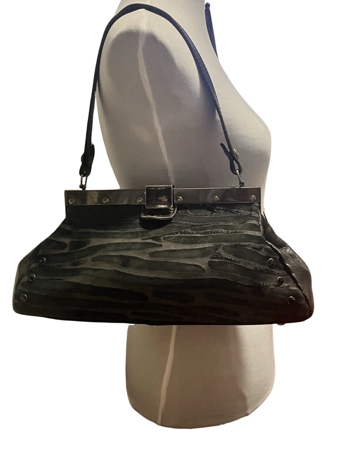 Patricia Nash Black leather & calf hair zebra Stripes silver tone frame Satchel