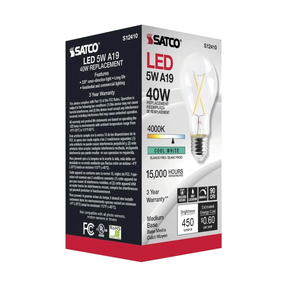 Satco S12410 - 5 Watt LED A19 Clear LED Bulbs - 4000K - 120 Volt (6 pack) - Image 4 of 4