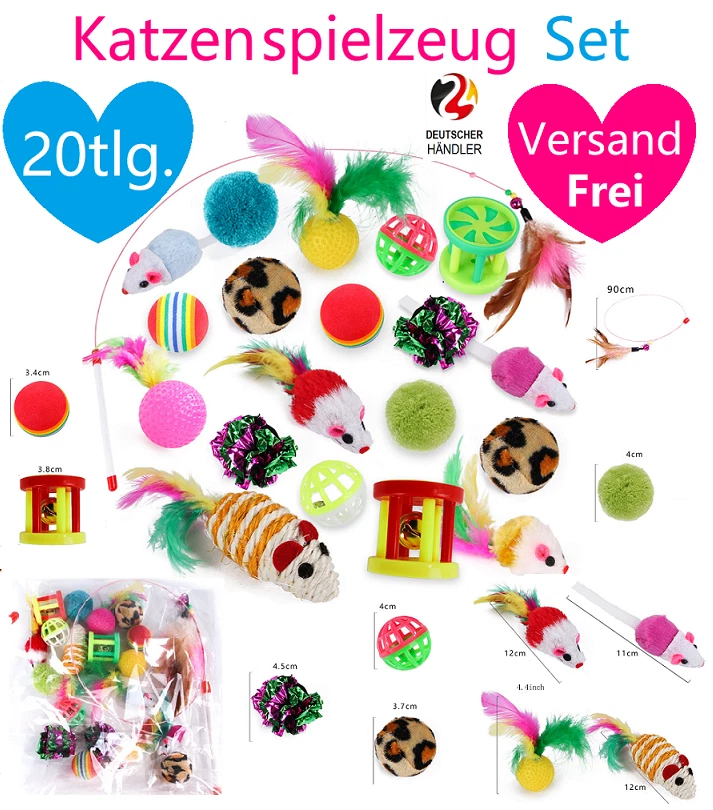 Katzenspielzeug Set 20 Teile Katzen Spielzeug inkl. Angel Feder Ball Maus Bälle