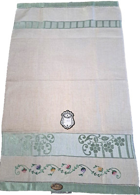 NEW Vintage Linen & Rayon Tea Towel Beige Seafoam Green Embroidered Czech