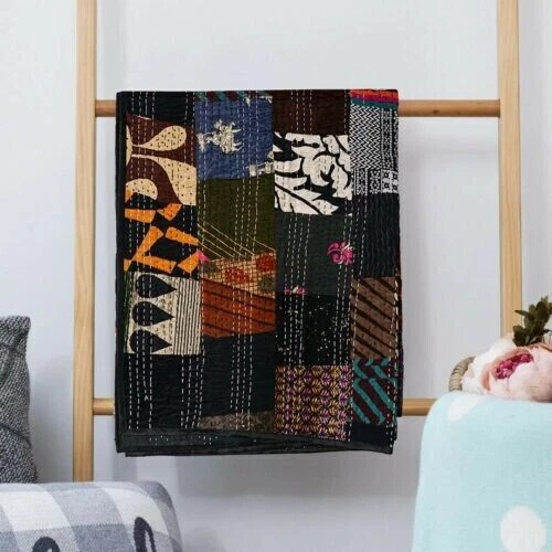 Indian Handmade Silk Patchwork Kantha Quilt King Size Blanket Bedspread Throw - Image 3 of 3