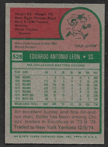 1975 TOPPS MINI #528 Eddie Leon CHICAGO WHITE SOX EX-MINT+ A - Picture 2 of 2