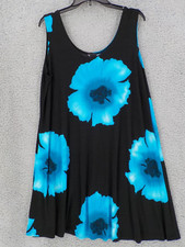 JOSTAR SLINKY TANK DRESS 2XL BLACK W BLUE HISICUS SLEEVELESS POLY SPANDEX KNIT