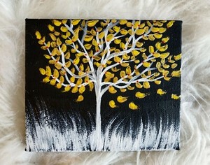 Golden tree - Acrylic painting on a small black canvas with an