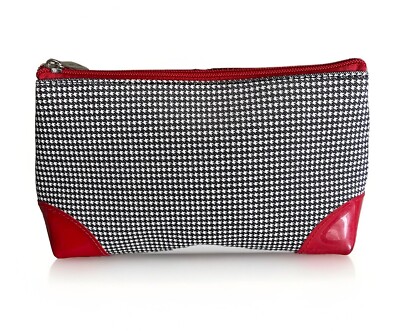 Lancôme Makeup Cosmetic Travel Bag 80s Vibe b/w Houndstooth Red Patent Leather 