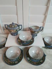Lot  7.Vintage Shofu Blue & Orange Iridescent Cup and Saucer and Cream Sugar set
