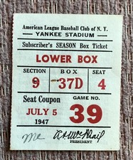 7/5/47 Yogi Berra Joe DiMaggio Hits Ticket Stub - NY Yankees Vs Athletics A’s