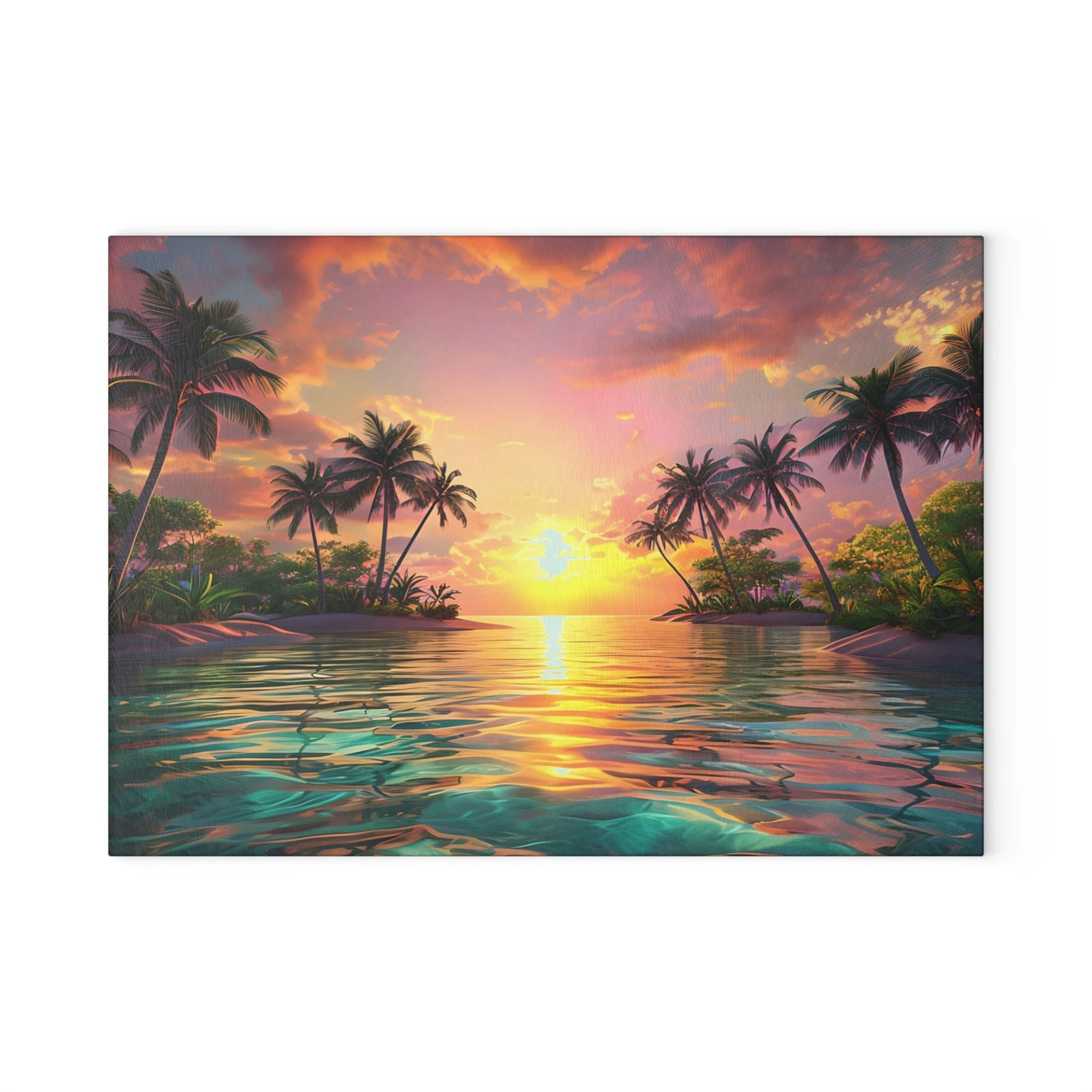 Tropical Sunset Beach Glass Cutting Board | Palm Trees Ocean Scene | Non-Slip