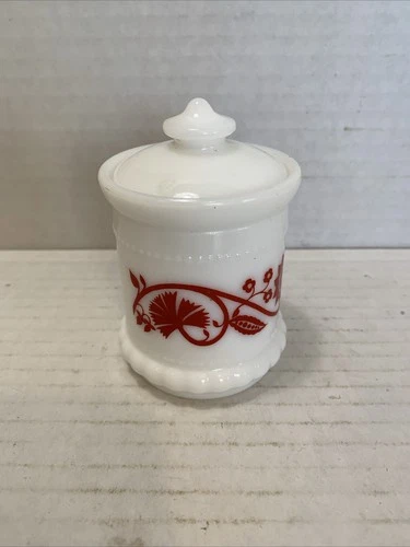 VTG Hazel Atlas Milk Glass Tiny Sweet Pea Mustard Spice Jar-Red Floral
