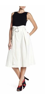 ABS by Allen Schwartz White Belted Cropped Wide Leg Trousers Culottes Pants 0 2 