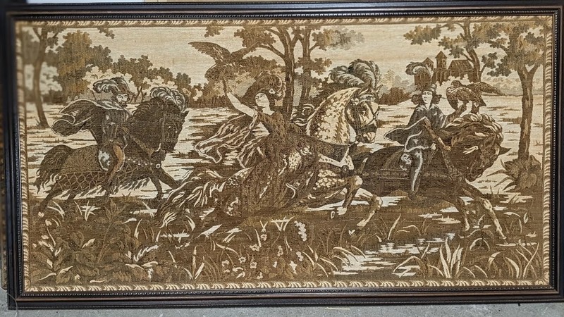 ANTIQUE FRAMED FRENCH HORSEBACK  TAPESTRY 49 X 20.5”