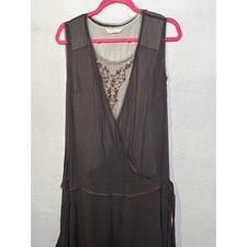 Promod Brown Beaded Tiered Flapper Style Midi Dress Sleeveless Mesh V-Neck