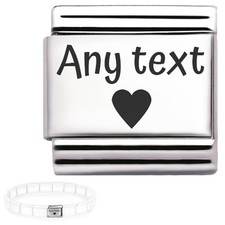 Personalised Charm Custom TEXT engraved Heart fits Italian Nomin. bracelets 9 mm